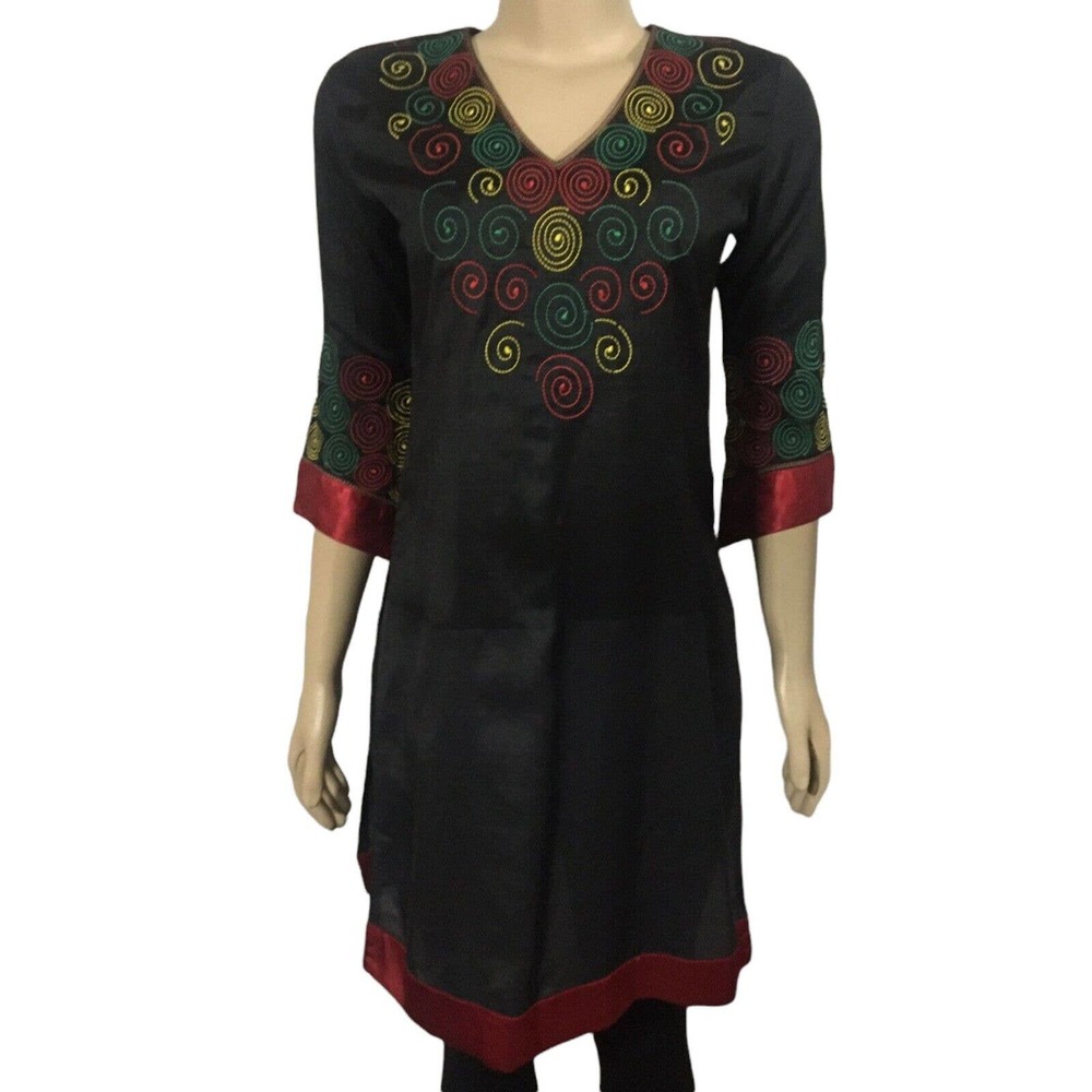 Smartex Women's Blouse Large Black 3/4 Sleeve Embroidered Boho Lightweight